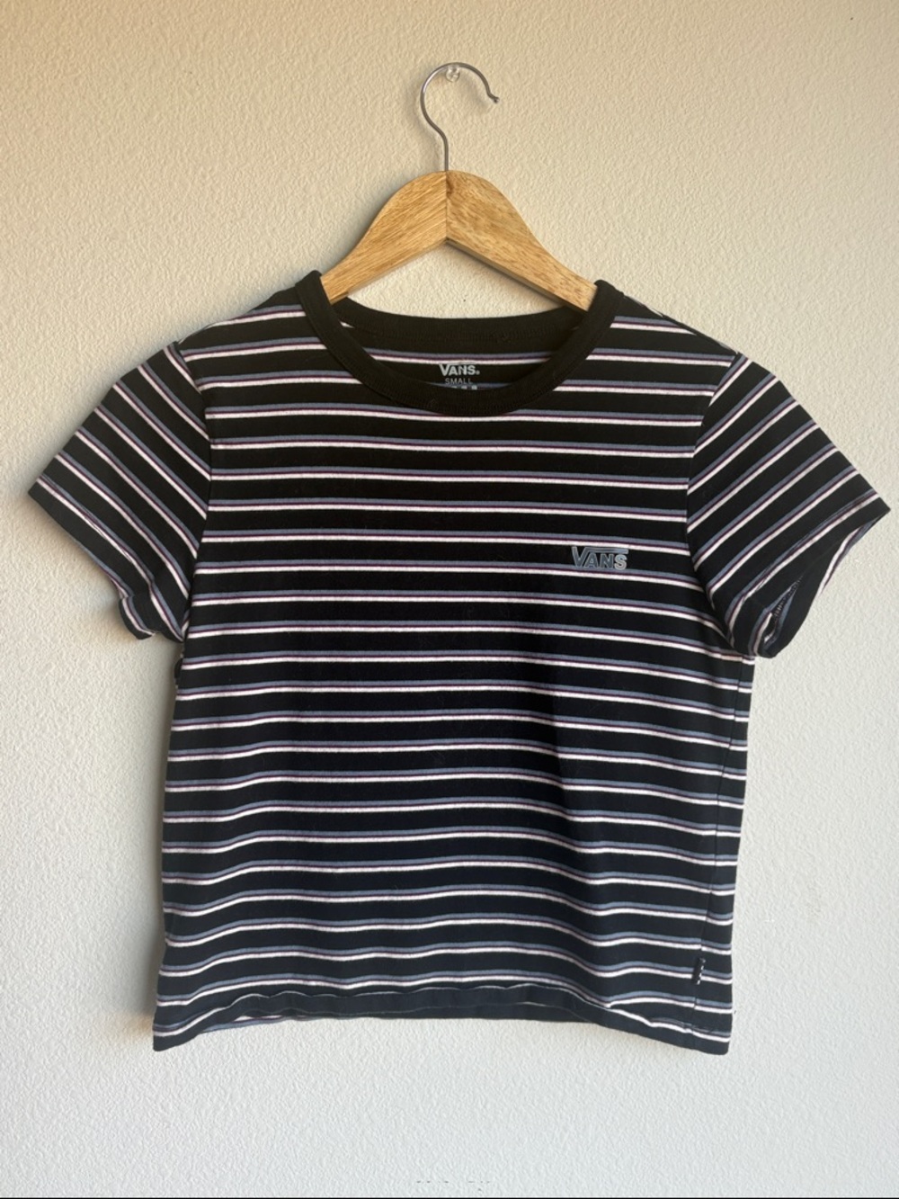 Vans Black Tee with White, Light Blue and Pink Stripes